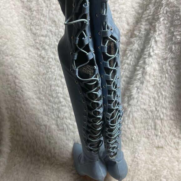 Elegant Collection Denim thigh high back lace up heels boots Size 6 - Picture 5 of 10